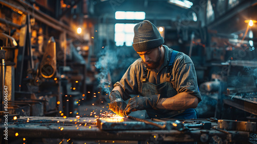 Blacksmith wearing a peaked cap works with metal using welding tools in the moody ambiance of a dark workshop photo