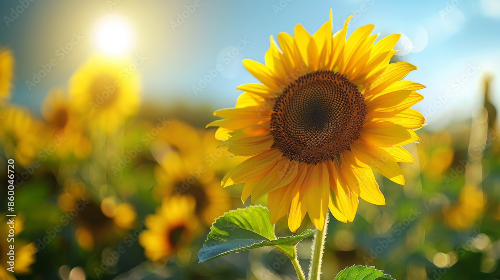 Obraz premium Close-up of a vibrant sunflower basking in the sunlight with a field of sunflowers in the background.
