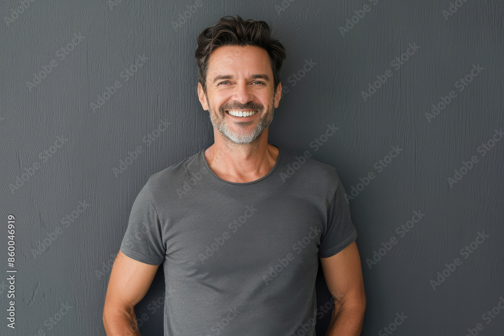 Handsome man with salt-and-pepper hair, smiling confidently in casual gray tee Handsome man with salt-and-pepper hair, smiling confidently in casual gray tee