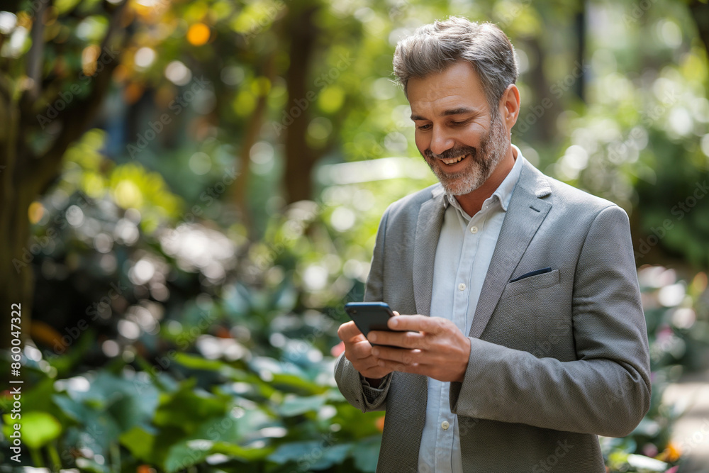 Happy mature older business man entrepreneur wearing suit using mobile cell phone outdoors. Happy mature older business man entrepreneur wearing suit using mobile cell phone outdoors.