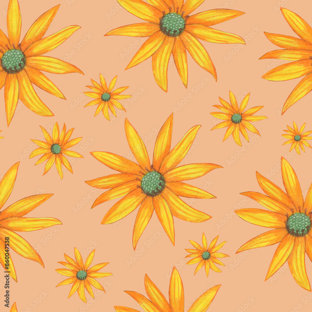 Topinambur Flower Seamless Pattern. Hand Drawn Floral Digital Paper on Pink Background. Topinambur Flower Seamless Pattern. Hand Drawn Floral Digital Paper on Pink Background.