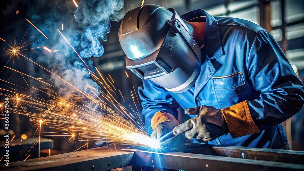 A skilled welder creating sparks as they expertly join two pieces of metal , industrial, factory, manufacturing, sparks A skilled welder creating sparks as they expertly join two pieces of metal , industrial, factory, manufacturing, sparks