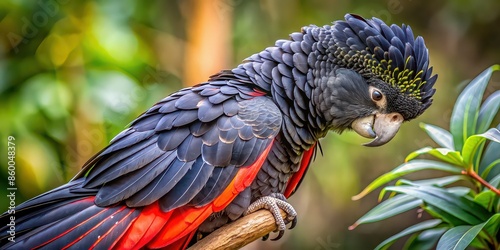 Red-tailed black cockatoo grooming its tail feathers, Red-tailed black cockatoo, large black cockatoo photo