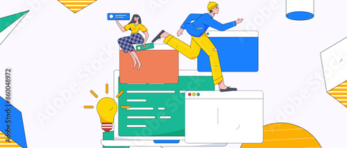 Programming teaching development flat character vector concept operation hand drawn illustration
