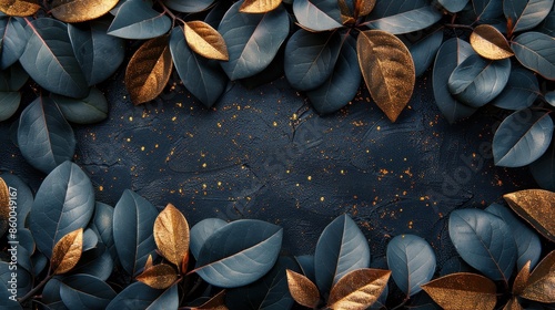 This image displays blue and gold leaves arranged to form a vivid border on a dark background, enhancing a balance between natural elements and elegance in the artwork. photo