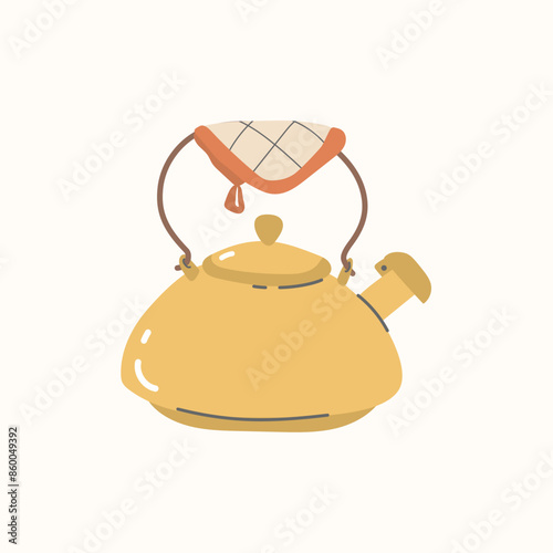 Cozy kettle with a whistle and potholder on the handle. Vector teapot illustration