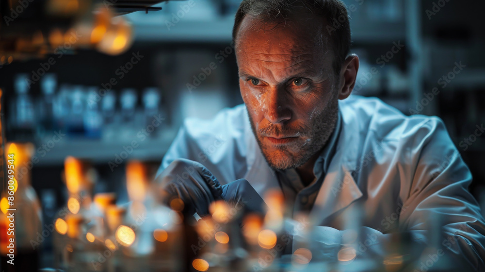 A determined scientist carefully examines samples in a laboratory, surrounded by scientific equipment and glowing lights. A determined scientist carefully examines samples in a laboratory, surrounded by scientific equipment and glowing lights.