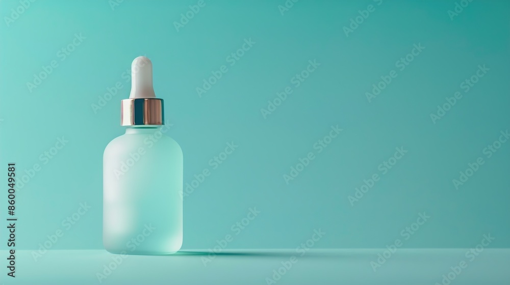 A frosted glass serum bottle with a dropper cap on a solid teal background, leaving ample space for text at the bottom. A frosted glass serum bottle with a dropper cap on a solid teal background, leaving ample space for text at the bottom.