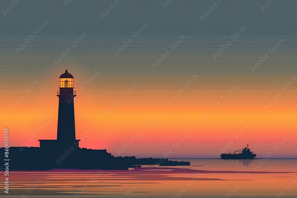 Lighthouse and boat at sunset over calm waters Lighthouse and boat at sunset over calm waters