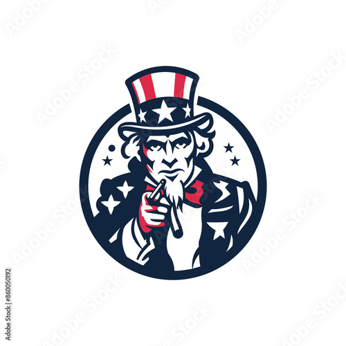 Illustration of Uncle Sam Head Mascot Icon Wearing a Hat with United States Stars and Stripes. Pointing Toward the Viewer Over Isolated Background in Retro Style.