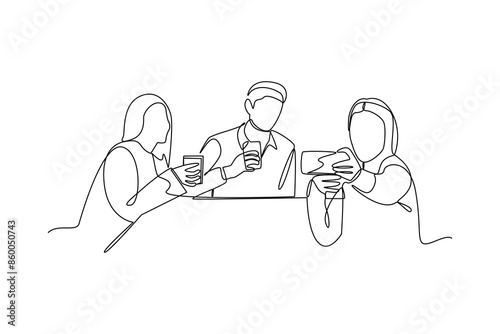 Simple line drawing of old friend selfie together at a hangout. Happy people eating, talking at home and restaurants parties, hangouts with food and drinks. 