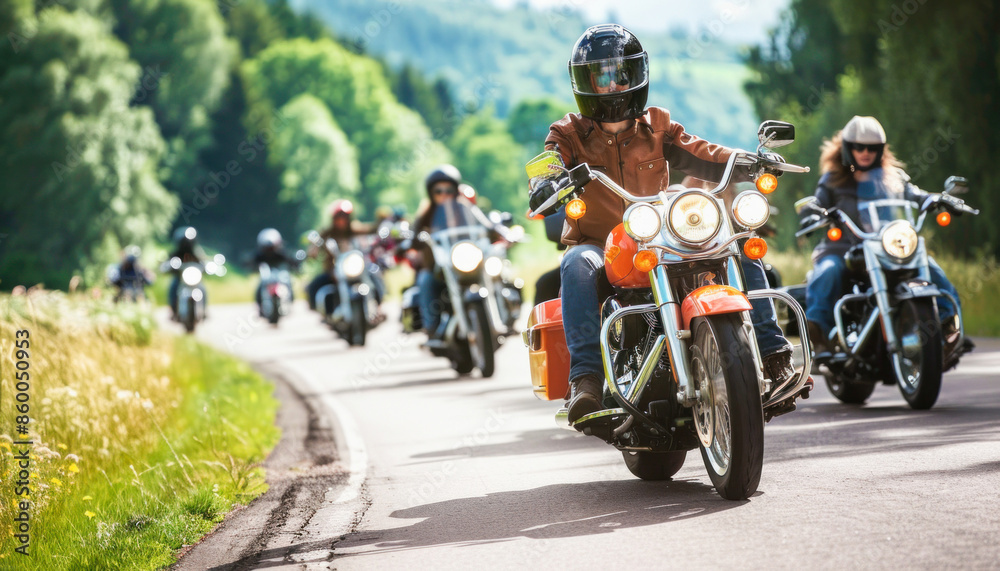 A group of motorcyclists on a journey, racing along the road surrounded by beautiful scenery A group of motorcyclists on a journey, racing along the road surrounded by beautiful scenery