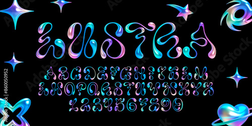 3d holographic font in y2k style. Flowing liquid metal alloy letters and numbers with shiny iridescent chrome surface, rainbow holographic effect in neon colors. Vector font for retrofuturistic design