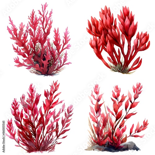 Red Algae Watercolor Illustration On White Background photo