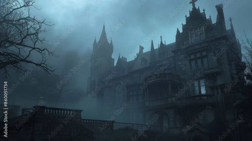 Fototapeta premium Scary haunted castle in the fog. Haunted house for Halloween design.