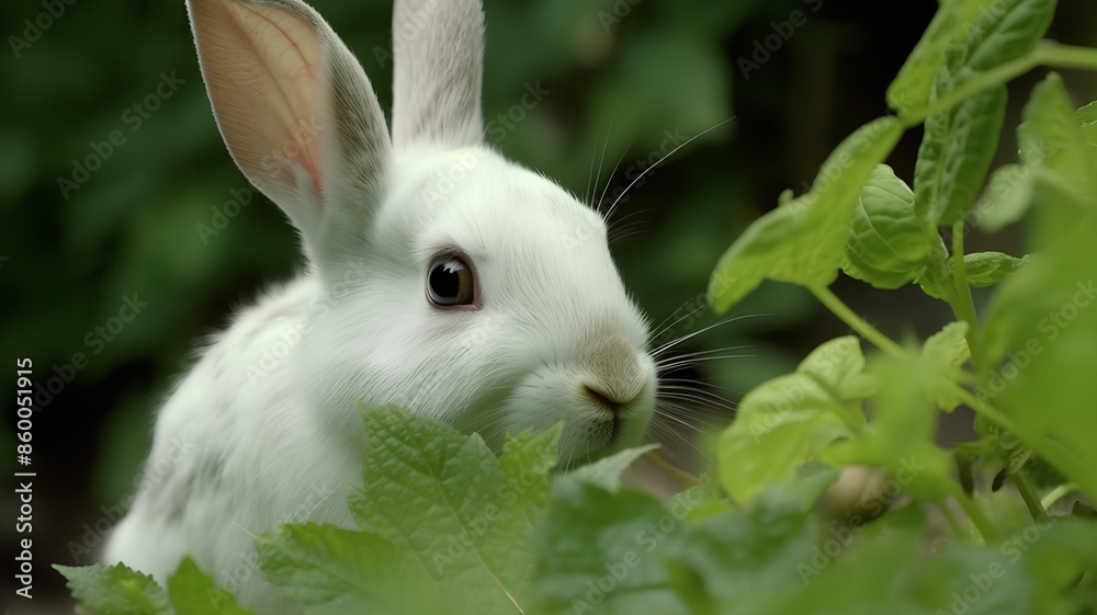 Curious rabbit nibbling on leaves in the garden. Curious rabbit nibbling on leaves in the garden.