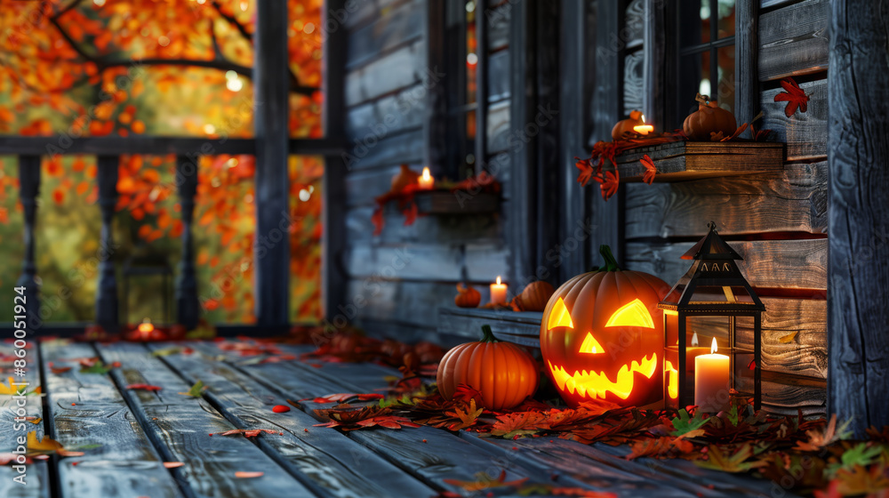 Obraz premium Cute home entrance with pumpkin decoration and Halloween garland on wooden stairs in fall foliage, Jack-o'-lanterns with creepy faces. Autumn background for Halloween design.