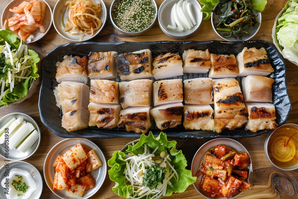 simplicity of Samgyeopsal, thinly sliced pork belly grilled at the table and served with lettuce wraps, garlic, ssamjang sauce, and assorted banchan side dishes
simplicity of Samgyeopsal, thinly sliced pork belly grilled at the table and served with lettuce wraps, garlic, ssamjang sauce, and assorted banchan side dishes