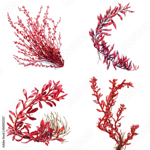 Set Of Watercolor Red String Seaweed Or Sarcodiotheca Gaudichaud IiIllustration On White Background photo