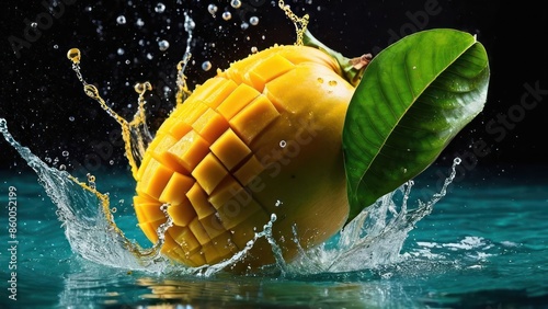 Elegant Splash, A Yellow Fruit's Aura in Water's Embrace on a Serene Blue and Green Canvas photo