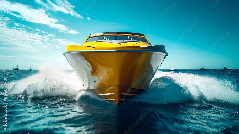 Fototapeta premium A yellow speed boat is traveling through the water.
