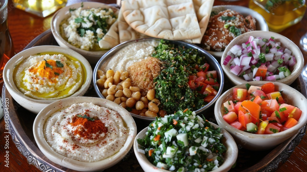 beautifully arranged platter of Lebanese mezze with hummus, tabbouleh, baba ghanoush, and pita bread, showcasing a variety of flavors beautifully arranged platter of Lebanese mezze with hummus, tabbouleh, baba ghanoush, and pita bread, showcasing a variety of flavors