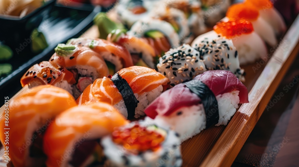 beautifully arranged sushi platter with fresh fish, rice, and colorful garnishes, symbolizing the artistry of Japanese cuisine beautifully arranged sushi platter with fresh fish, rice, and colorful garnishes, symbolizing the artistry of Japanese cuisine