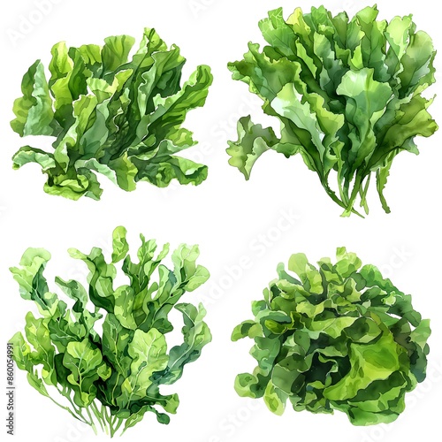 Set Of Sea Lettuce or Ulva lactuca Tree Watercolor Illustration On White Background