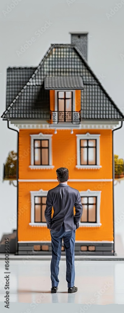 Obraz premium Image of a person standing in front of a miniature orange house, contemplating home buying or real estate investment.