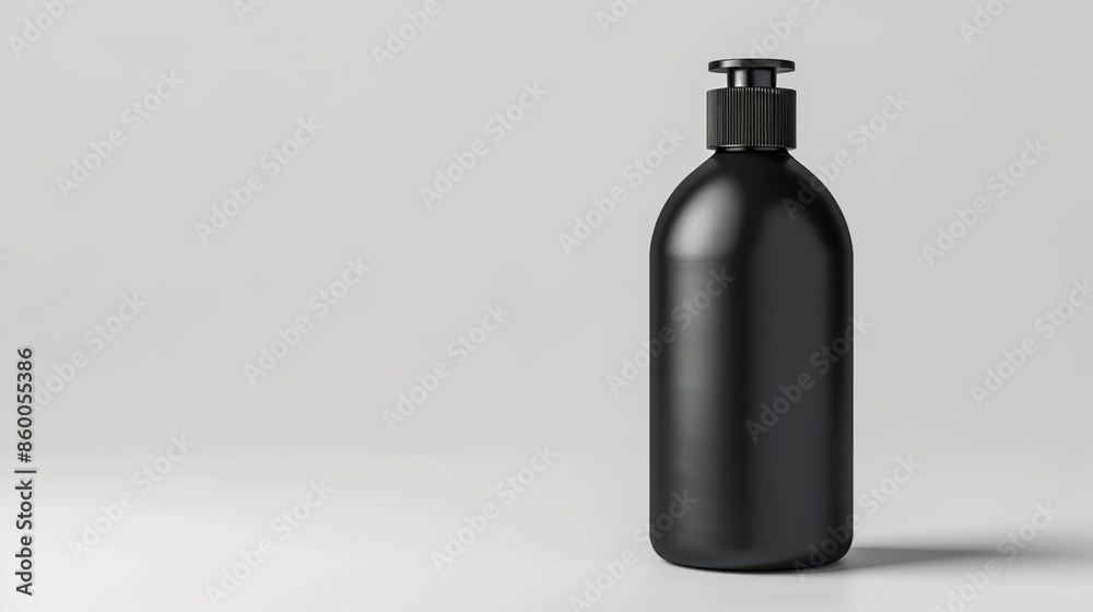 A sleek, matte black shampoo bottle on a solid white background, with ample space for text and branding on the right side. A sleek, matte black shampoo bottle on a solid white background, with ample space for text and branding on the right side.
