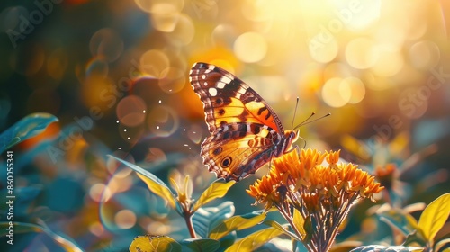 A butterfly landing on a flower, with wings spread in the sunshine © buraratn