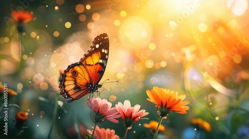 A butterfly landing on a flower, with wings spread in the sunshine © buraratn