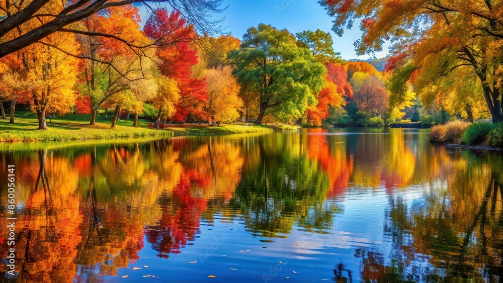 Fototapeta premium A peaceful autumn day in the park with colorful leaves reflecting on the water , autumn, reflections, park, peaceful, tranquil