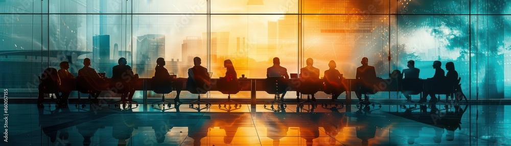 Silhouetted executives in a boardroom meeting with a cityscape backdrop, showcasing professional corporate discussion during a sunset. Silhouetted executives in a boardroom meeting with a cityscape backdrop, showcasing professional corporate discussion during a sunset.