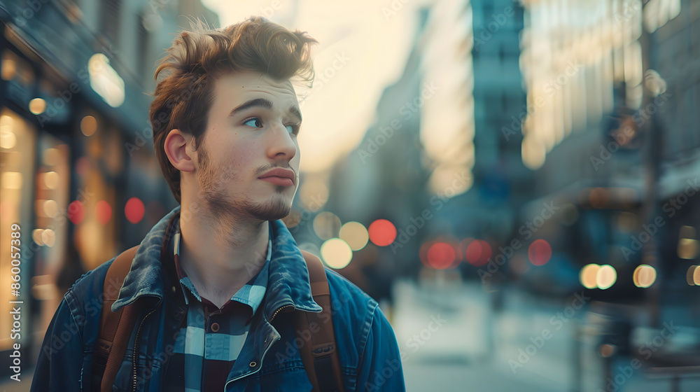 Fototapeta premium That urban feeling Cropped shot of a handsome young man traveling through the city : Generative AI