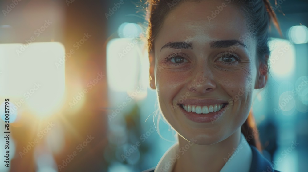 Smiling businesswoman confidently standing looking at camera in office Smiling businesswoman confidently standing looking at camera in office