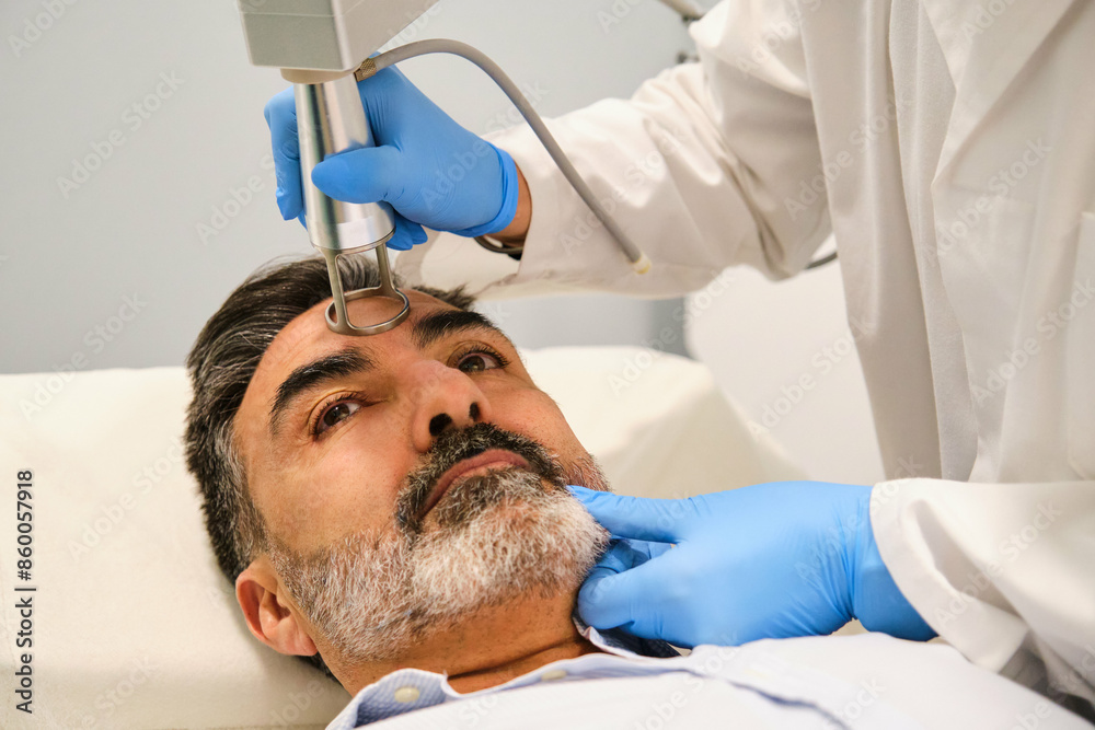 A man is getting a laser skin resurfacing treatment by a aesthetic doctor in a clinic. A man is getting a laser skin resurfacing treatment by a aesthetic doctor in a clinic.