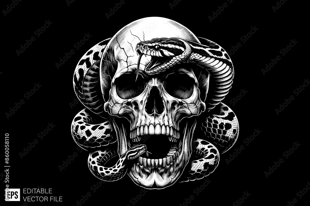 Evil Skull head tied by snake vector illustration design templates Evil Skull head tied by snake vector illustration design templates