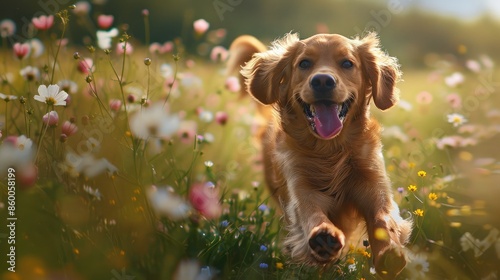 A dog with its tongue out, running joyfully through a field of flowers