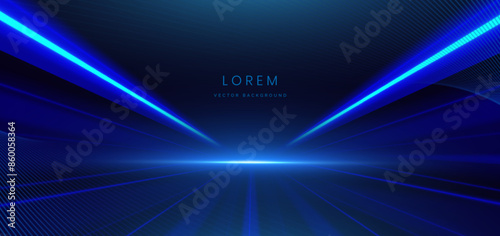 Abstract futuristic glowing blue neon light lines with speed motion moving on dark blue background.