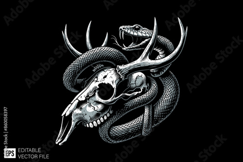 Skull deer head tied by snake vector illustration design