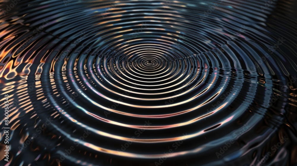 Obraz premium art of solid black background and iridescent ripples spreading across its surface forming concentric patterns.