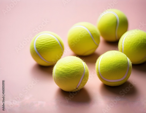  Against a soft pink background, a collection of tennis balls gleam brightly, each carefully  _1(14) © fotoluigi868
