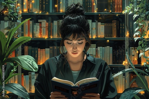 editorial illustration of a female programmer in a library reading a large book