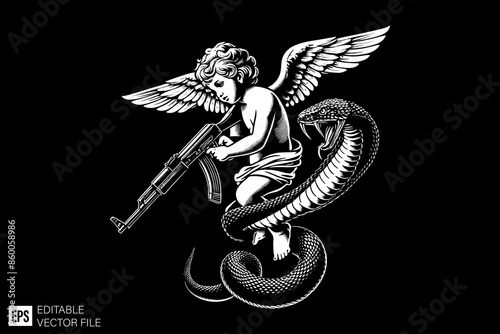 Illustration of Cupid holding gun for graphic tee design vector