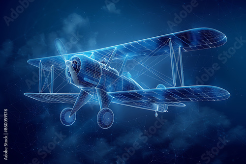 A silhouette logo of a vintage biplane with two stacked wings, soaring through the sky, showcasing classic aviation design and history, in wireframe style on a dark blue background