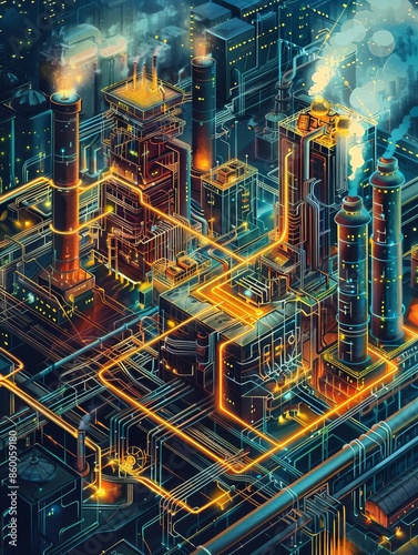 Futuristic industrial complex with glowing pipelines and detailed infrastructure at night, representing advanced technology and urban development.