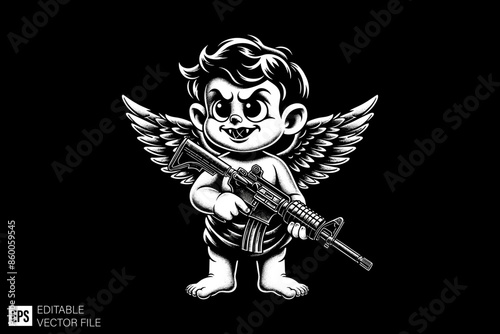 Illustration of Cupid holding gun for graphic tee design vector