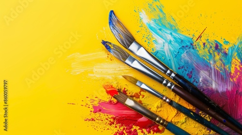 email signature template for graphic designer, color splashes on bottom right corner, graphic designing elements brushes ,color pallets in yellow background © paisorn