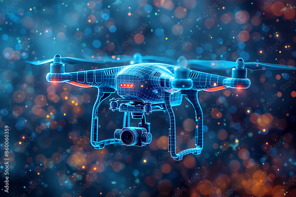 A silhouette logo of a drone equipped with an action video camera, flying in wireframe style on a dark blue background A silhouette logo of a drone equipped with an action video camera, flying in wireframe style on a dark blue background